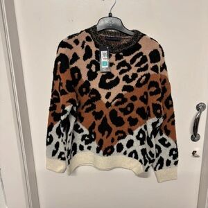 Marks & Spencer Leopard Print Crew Neck Sweater - Black, Brown, and Cream